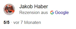 Google-Bewertung 5 von 5 Sternen von Jakob Haber für Thomas Rauch